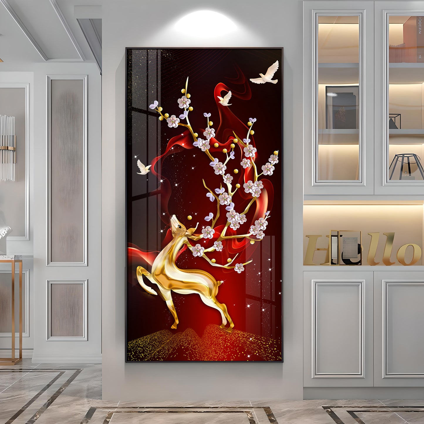 Golden Deer With Red Background Premium Acrylic Vertical Wall Art