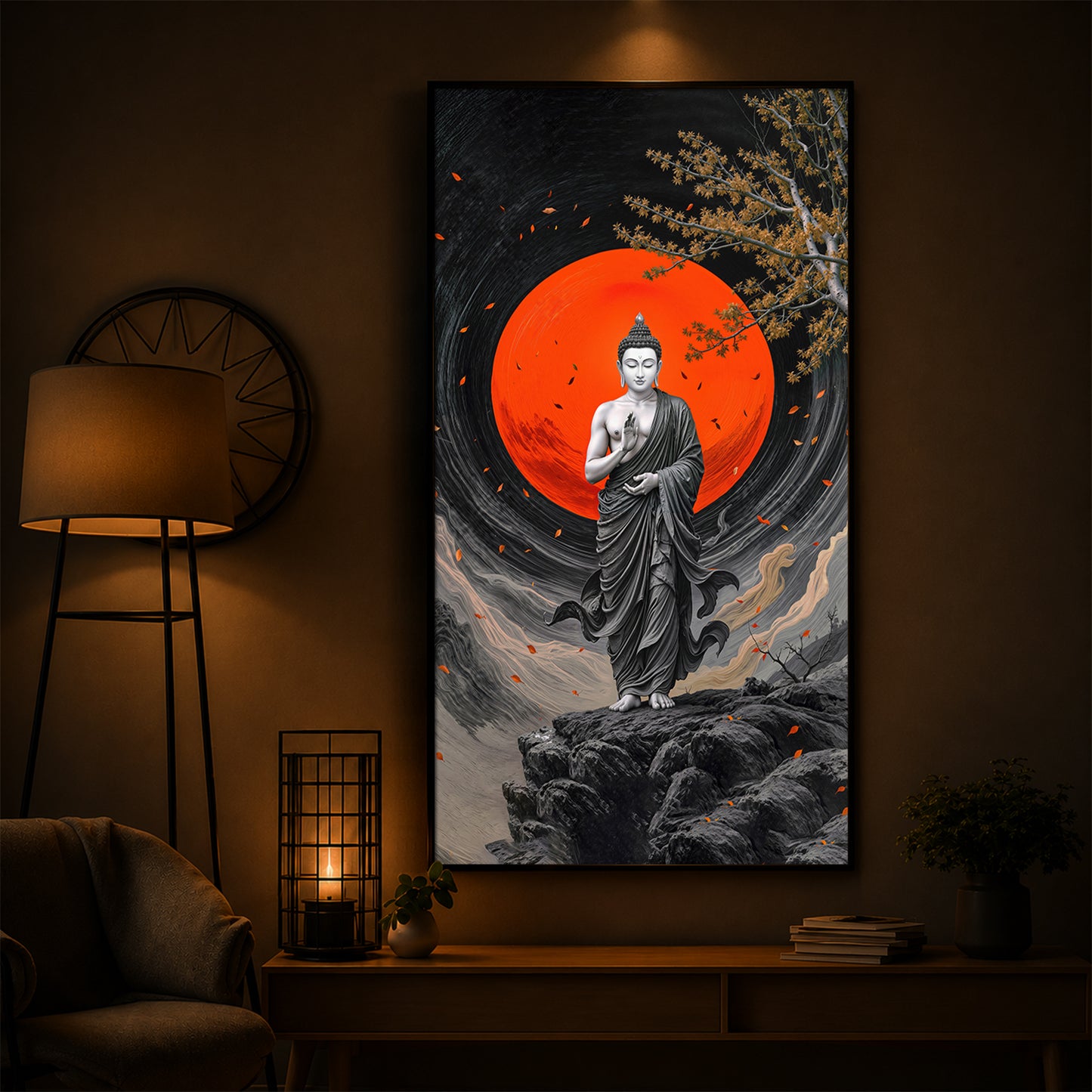 Namo Buddhay Modern Luxury Backlight Vertical Wall Art