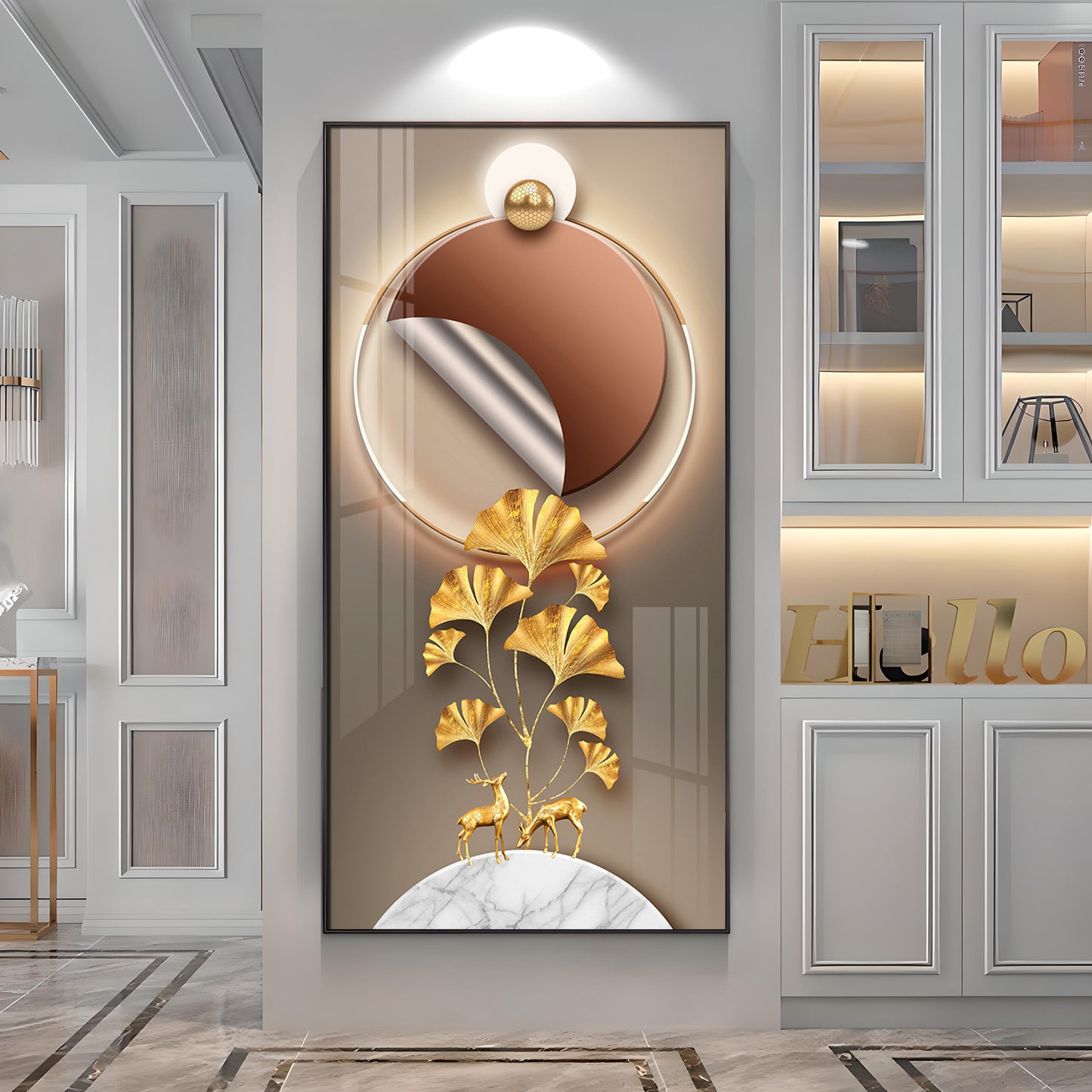 Golden Deer & Ginkgo Leaves Premium Acrylic Vertical Wall Art