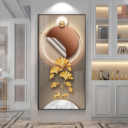 Golden Deer & Ginkgo Leaves Premium Acrylic Vertical Wall Art