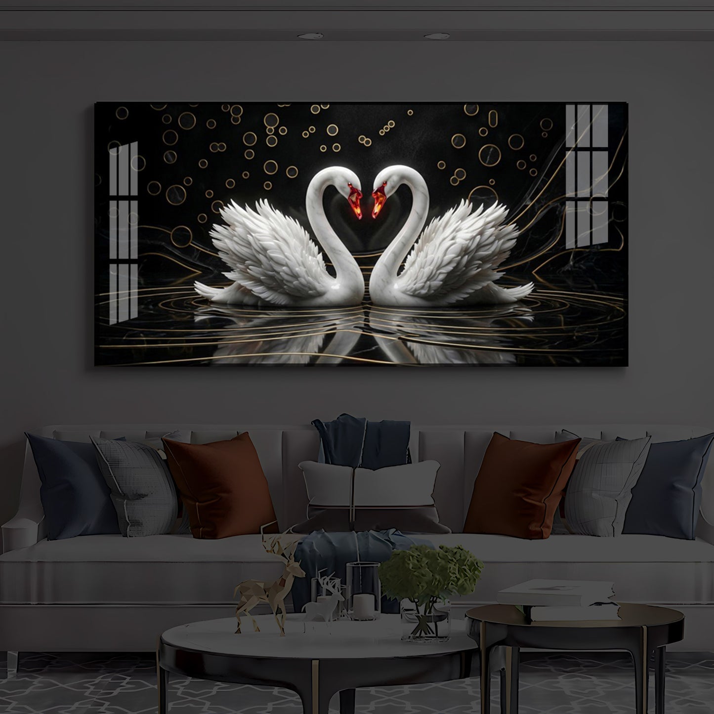 Two White Swans Forming A Heart Modern Luxury Backlight Horizontal Wall Art