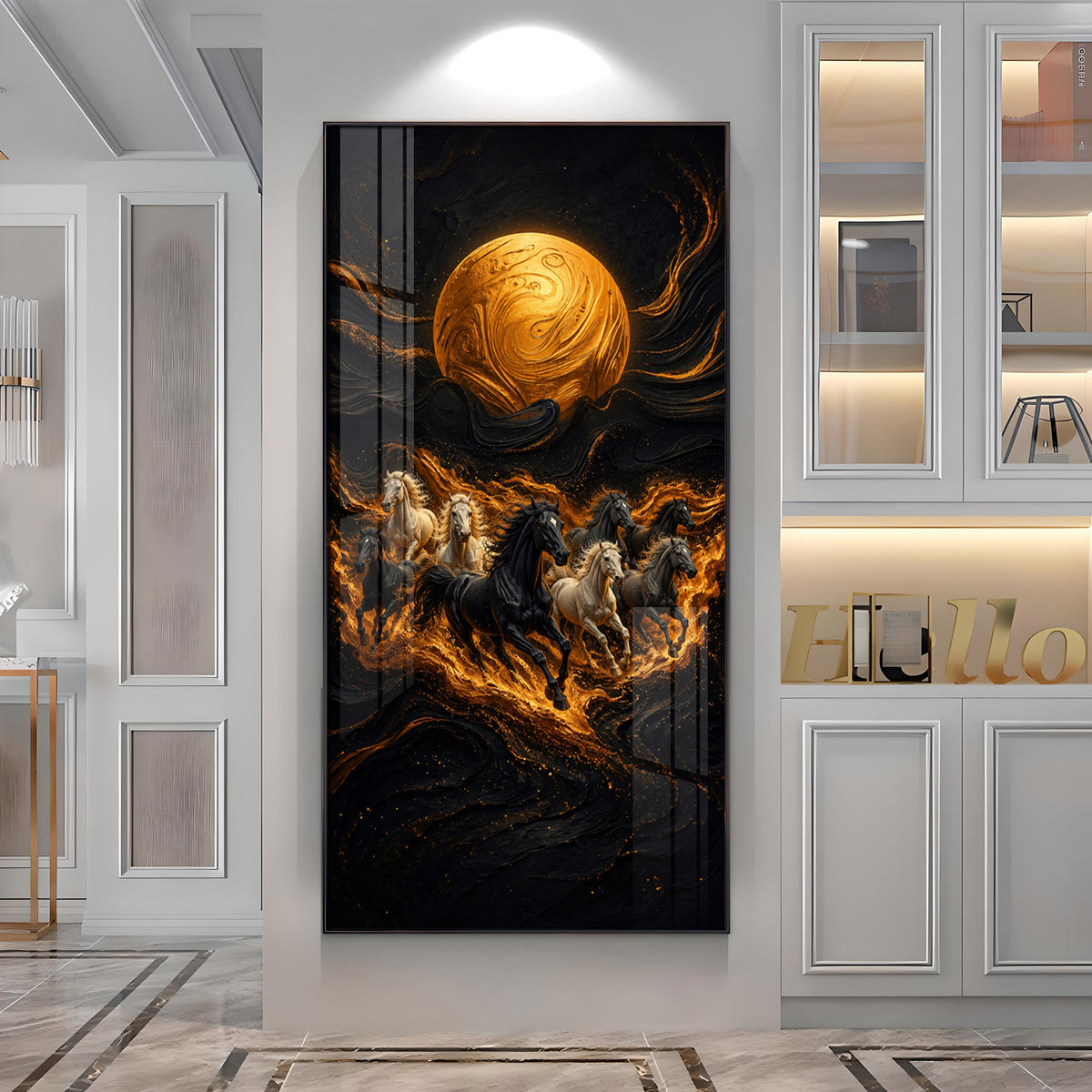 Majestic Running Horses & Golden Moon Premium Acrylic Vertical Wall Art