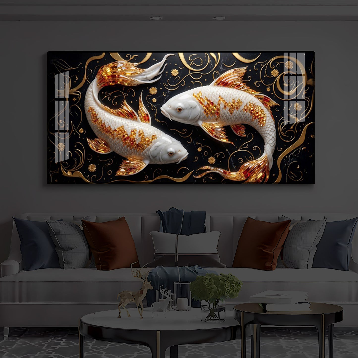 Two Golden Koi Fish Modern Luxury Backlight Horizontal Wall Art