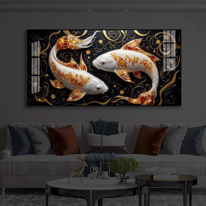 Two Golden Koi Fish Modern Luxury Backlight Horizontal Wall Art