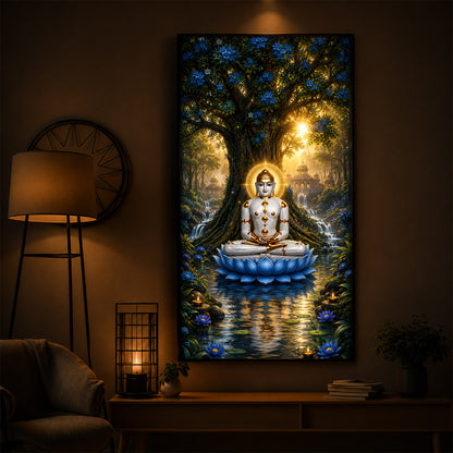 Divine Bhagwan Mahavir On Blue Lotus Modern Luxury Backlight Vertical Wall Art
