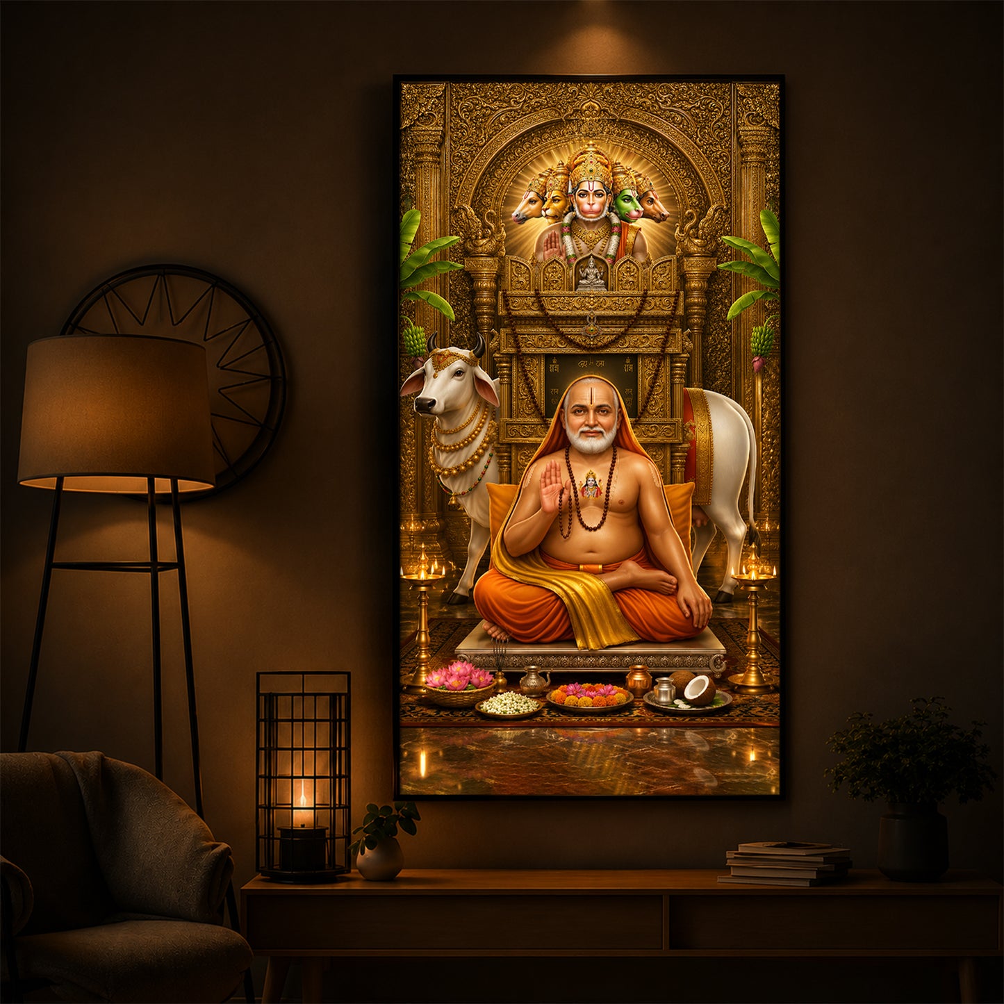 Sri Raghavendra Swamy With Cow Modern Luxury Backlight Vertical Wall Art