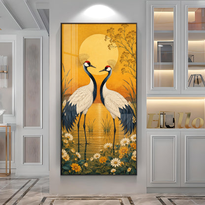 Golden Sunset Crane Birds Premium Acrylic Vertical Wall Art