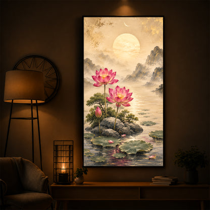 Serene Pink Lotus Landscape Modern Luxury Backlight Vertical Wall Art
