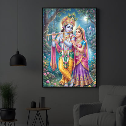 Hindu Deities Radha and Krishna Modern Luxury Backlight Vertical Wall Art