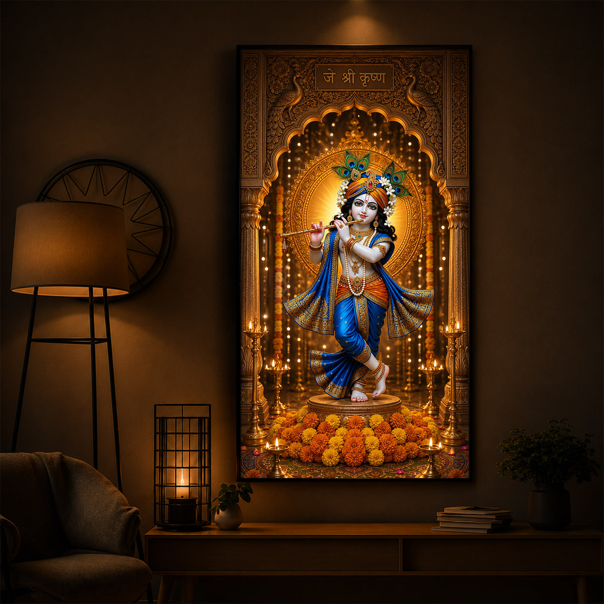 Spiritual Jai Shri Krishna Modern Luxury Backlight Vertical Wall Art
