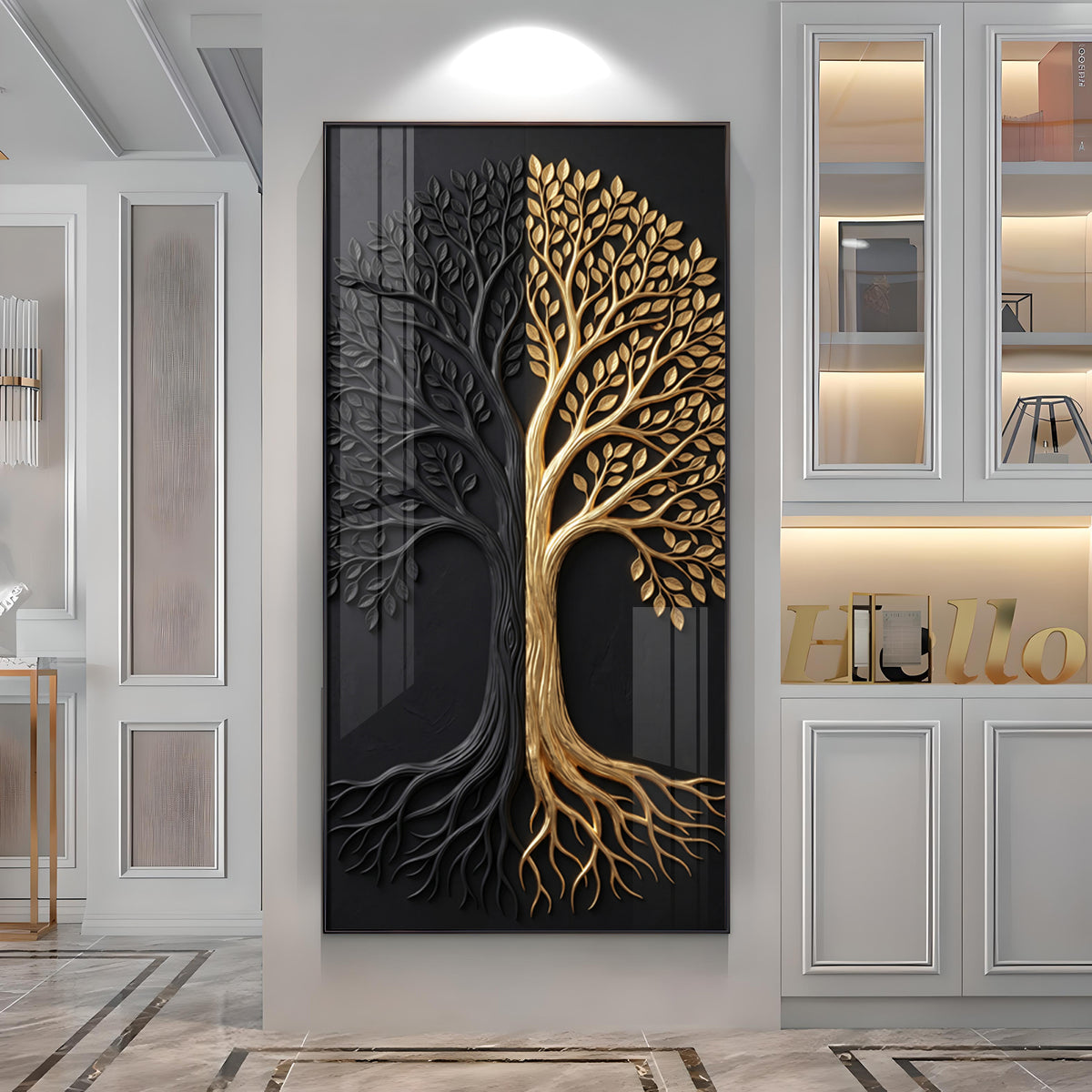 Dual Tone Black and Metallic Gold Tree Premium Acrylic Vertical Wall Art
