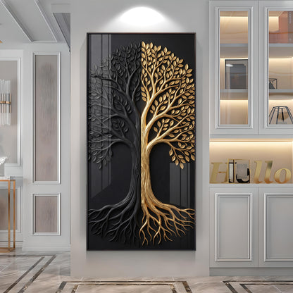 Dual Tone Black and Metallic Gold Tree Premium Acrylic Vertical Wall Art