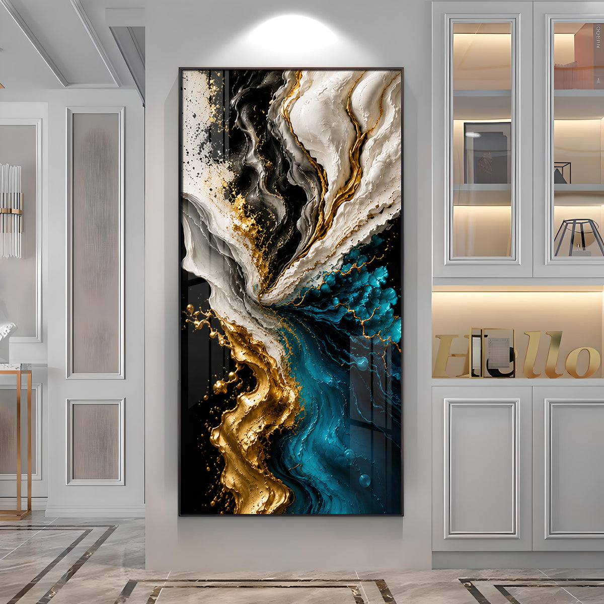 Abstract Fluid Liquid Marble & Gold Splash Premium Acrylic Vertical Wall Art