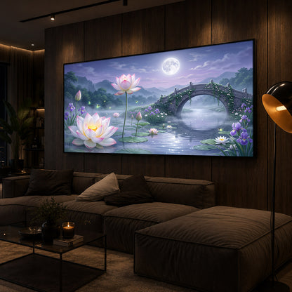 Moonlit Lotus Bridge Modern Luxury Backlight Horizontal Wall Art
