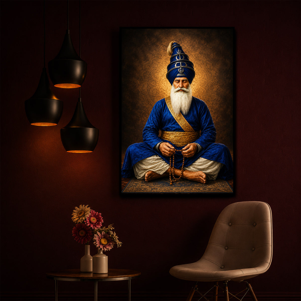 Divine Meditating Sikh Warrior Saint Modern Luxury Backlight Vertical Wall Art