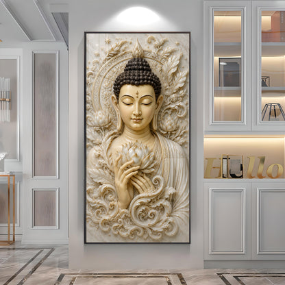 Serene Buddha White Lotus Premium Acrylic Vertical Wall Art