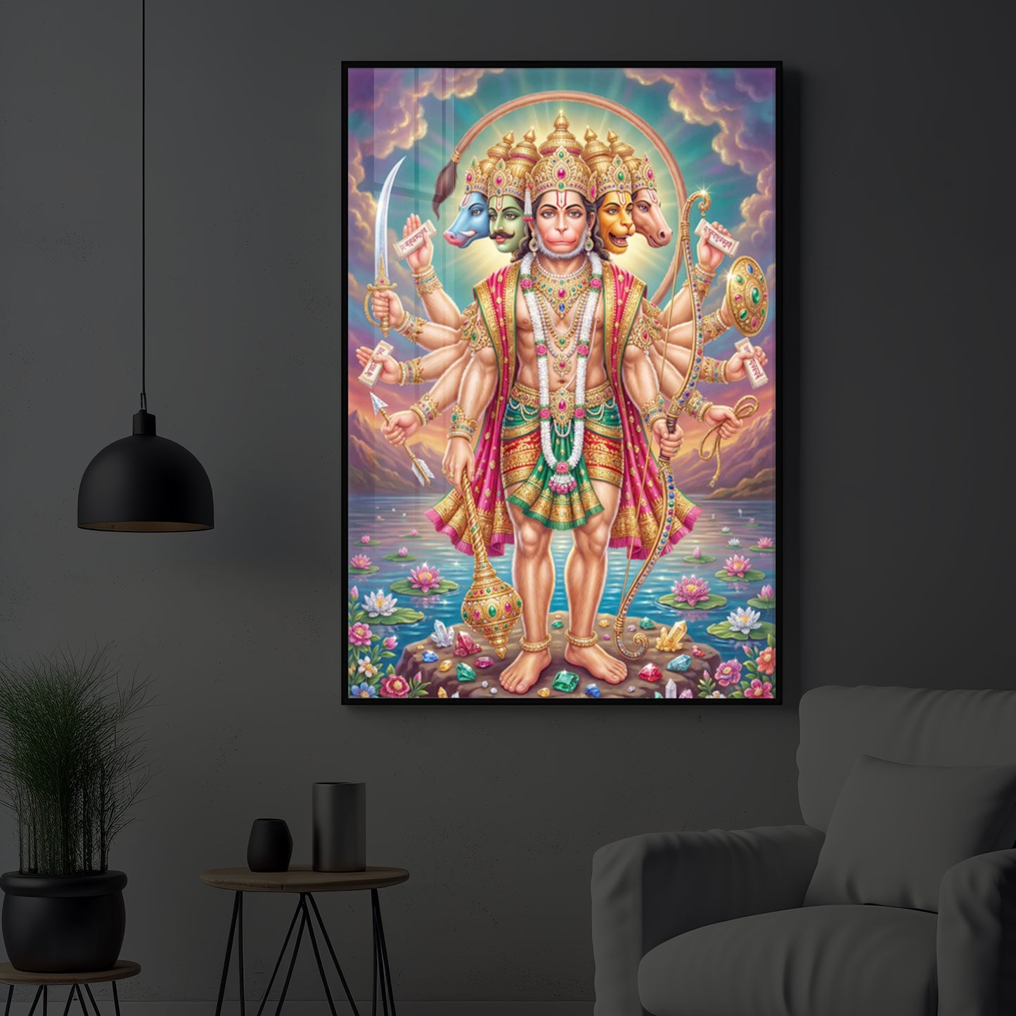 Spiritual Panchamukhi Hanuman Modern Luxury Backlight Vertical Wall Art