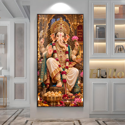 Ganpati Bappa Morya Golden Throne Premium Acrylic Vertical Wall Art