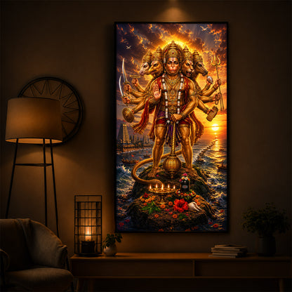 Powerful Panchmukhi Hanuman Ji Modern Luxury Backlight Vertical Wall Art