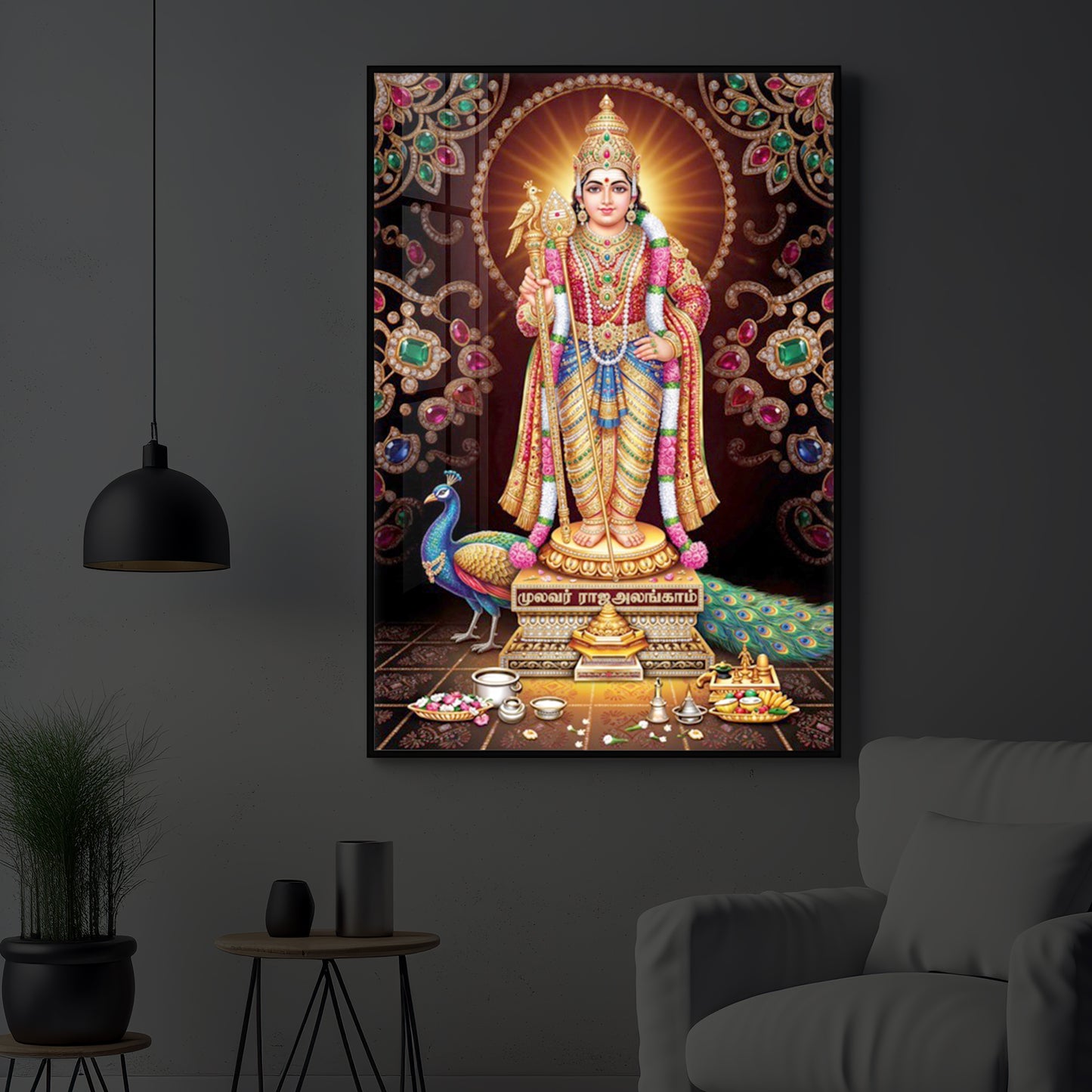 Lord Murugan With Peacock Modern Luxury Backlight Vertical Wall Art