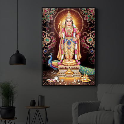 Lord Murugan With Peacock Modern Luxury Backlight Vertical Wall Art