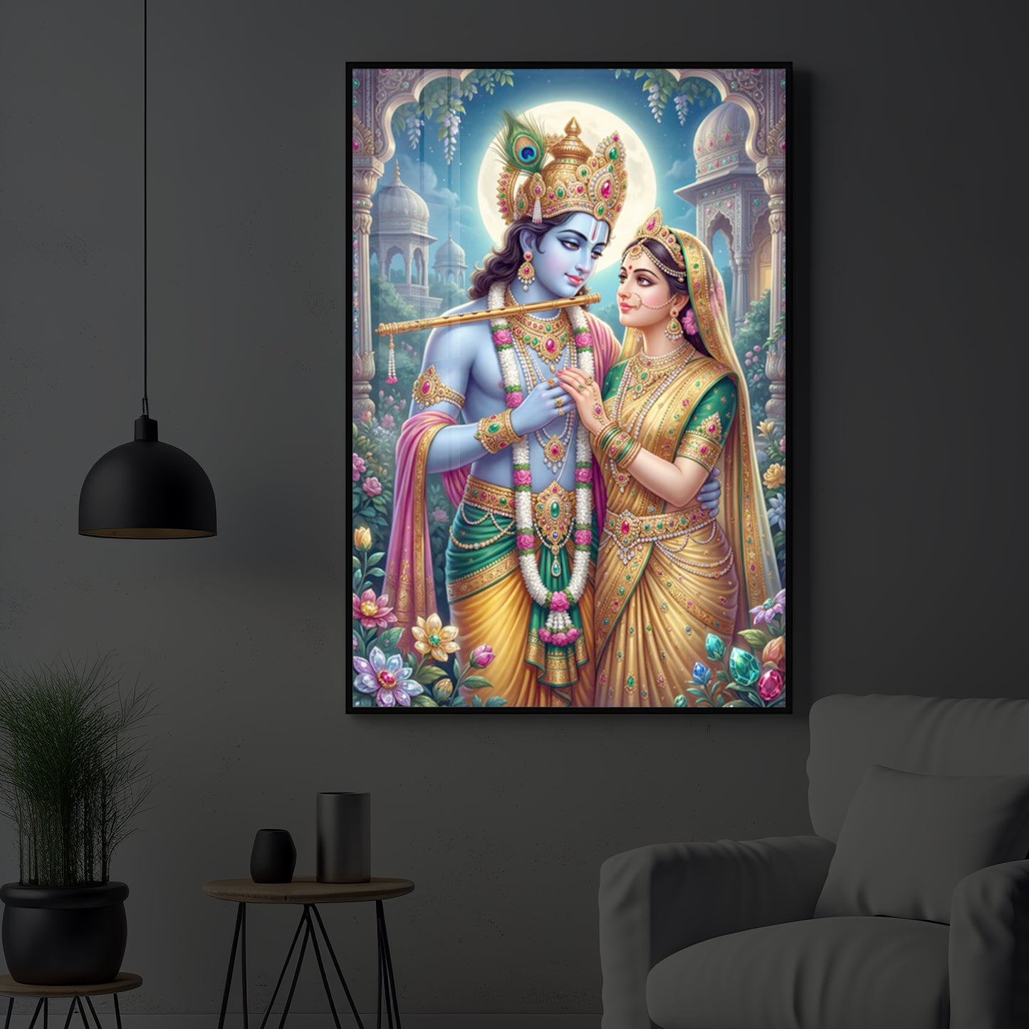 Goddess Shri Radha and God Krishna Modern Luxury Backlight Vertical Wall Art