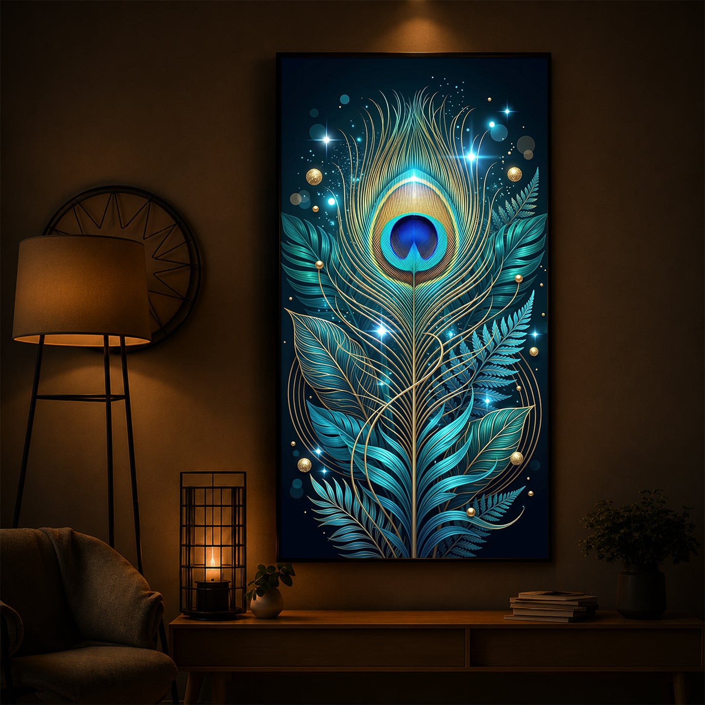 Radiant Peacock Feather Modern Luxury Backlight Vertical Wall Art
