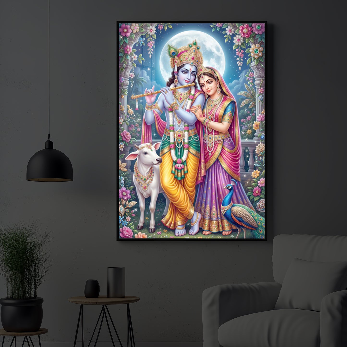 Moonlit Radha Krishna Leela Modern Luxury Backlight Vertical Wall Art