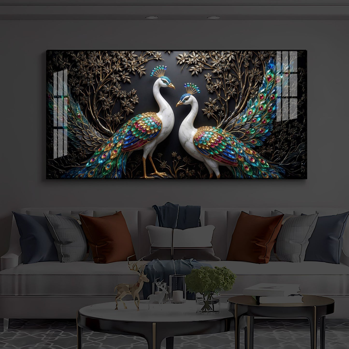 Serene Peacock Modern Luxury Backlight Horizontal Wall Art