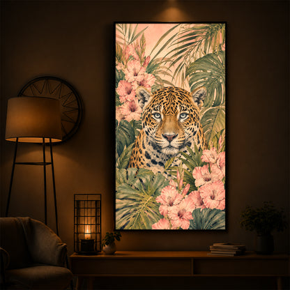 Tropical Jaguar & Flora Modern Luxury Backlight Vertical Wall Art