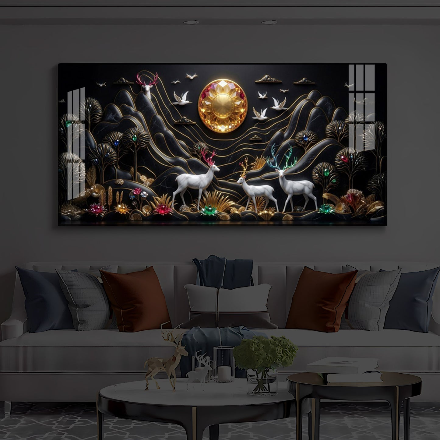 White Deer With Family Modern Luxury Backlight Horizontal Wall Art