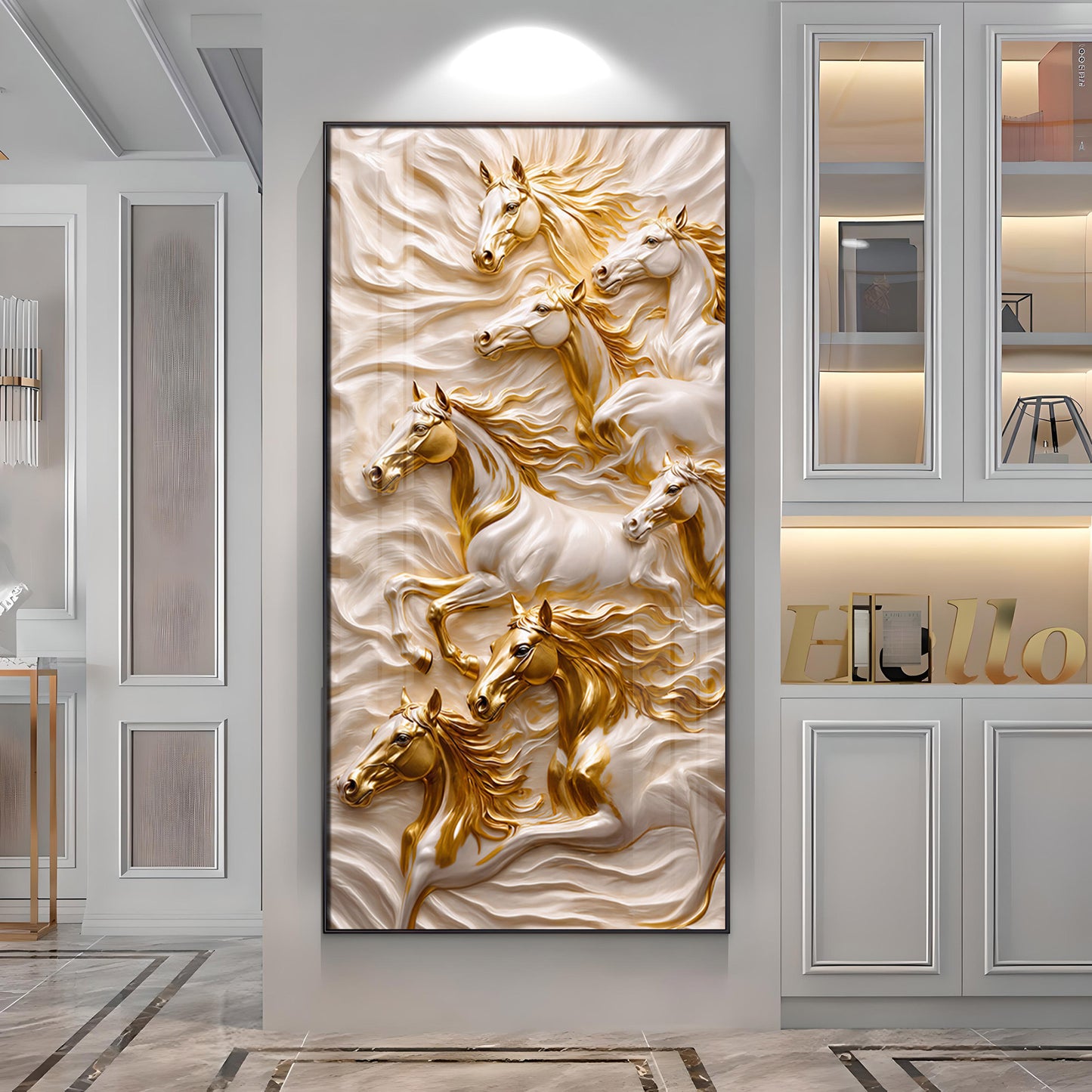 White & Gold Horses Premium Acrylic Vertical Wall Art