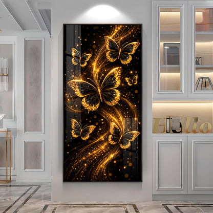 Elegant Golden Sparkle Butterflies Premium Acrylic Vertical Wall Art