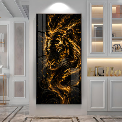 Majestic Golden Fire Tiger Premium Acrylic Vertical Wall Art