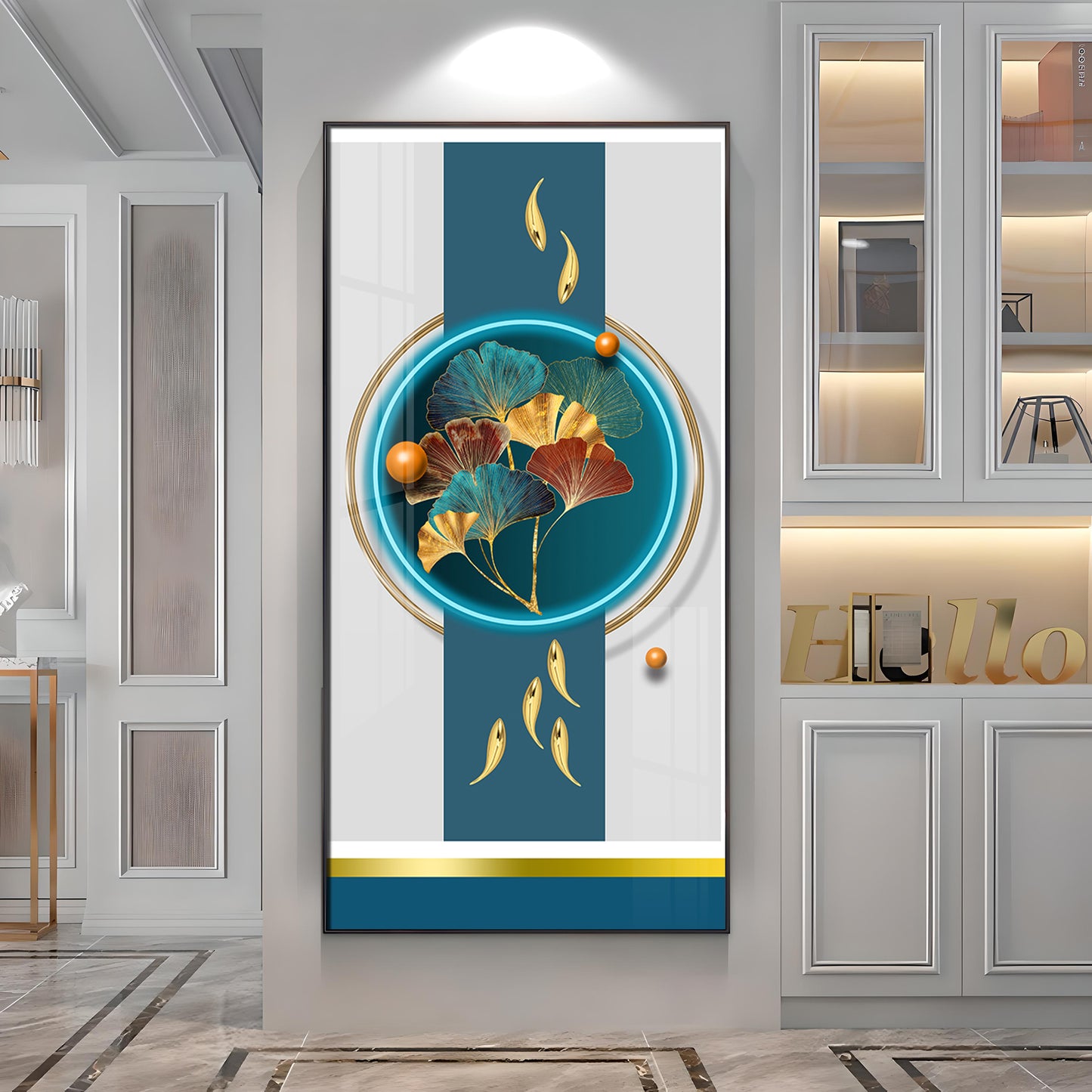 Gold Fish  With Ginkgo Leaf Premium Acrylic Vertical Wall Art