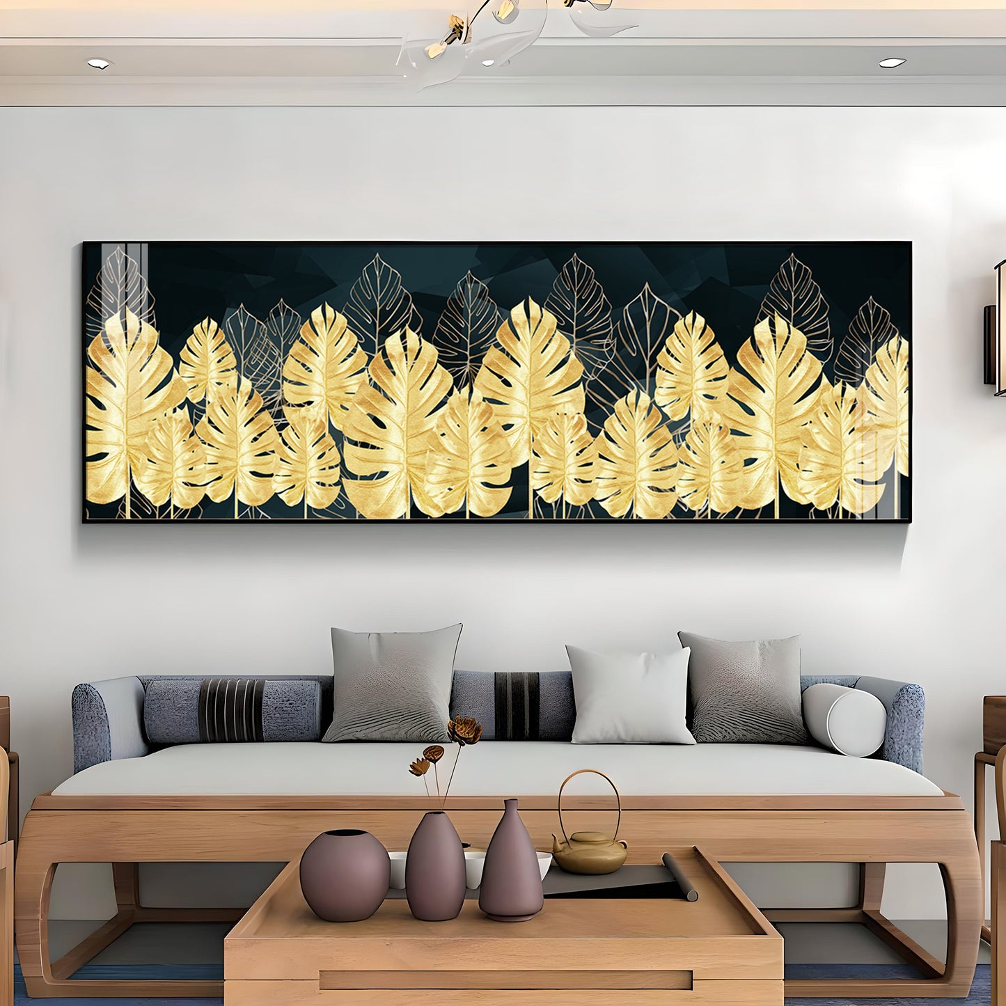 Golden Monstera Leaf Premium Acrylic Horizontal Wall Art