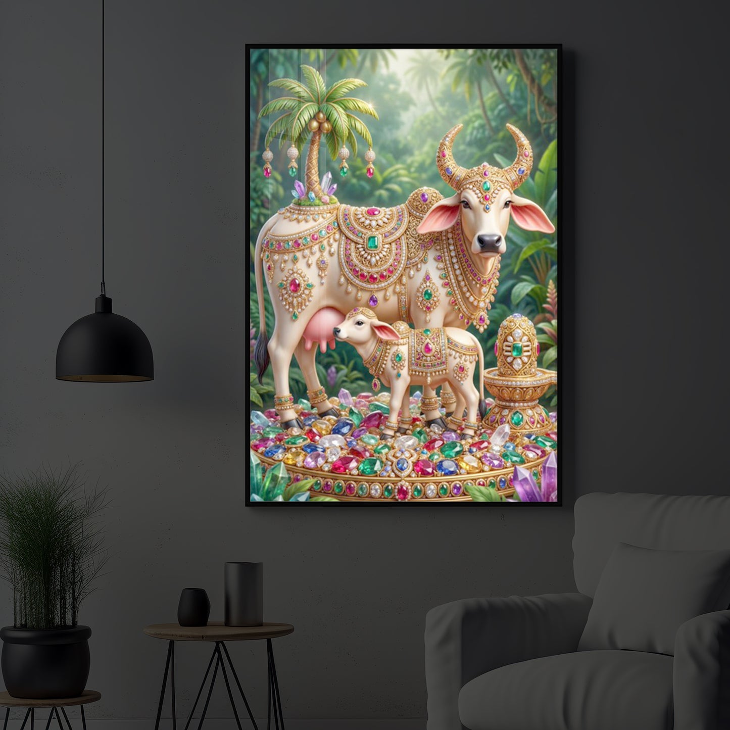 Kamadhenu Cow With Shiv Ji Modern Luxury Backlight Vertical Wall Art