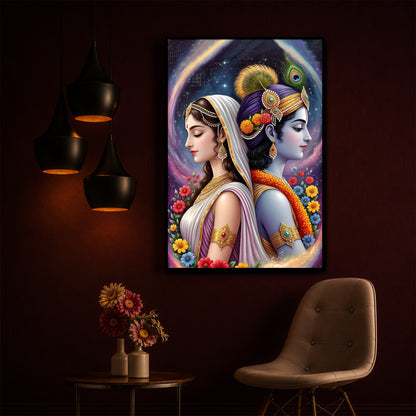 Lord Sri Radhe Krishna Modern Luxury Backlight Vertical Wall Art