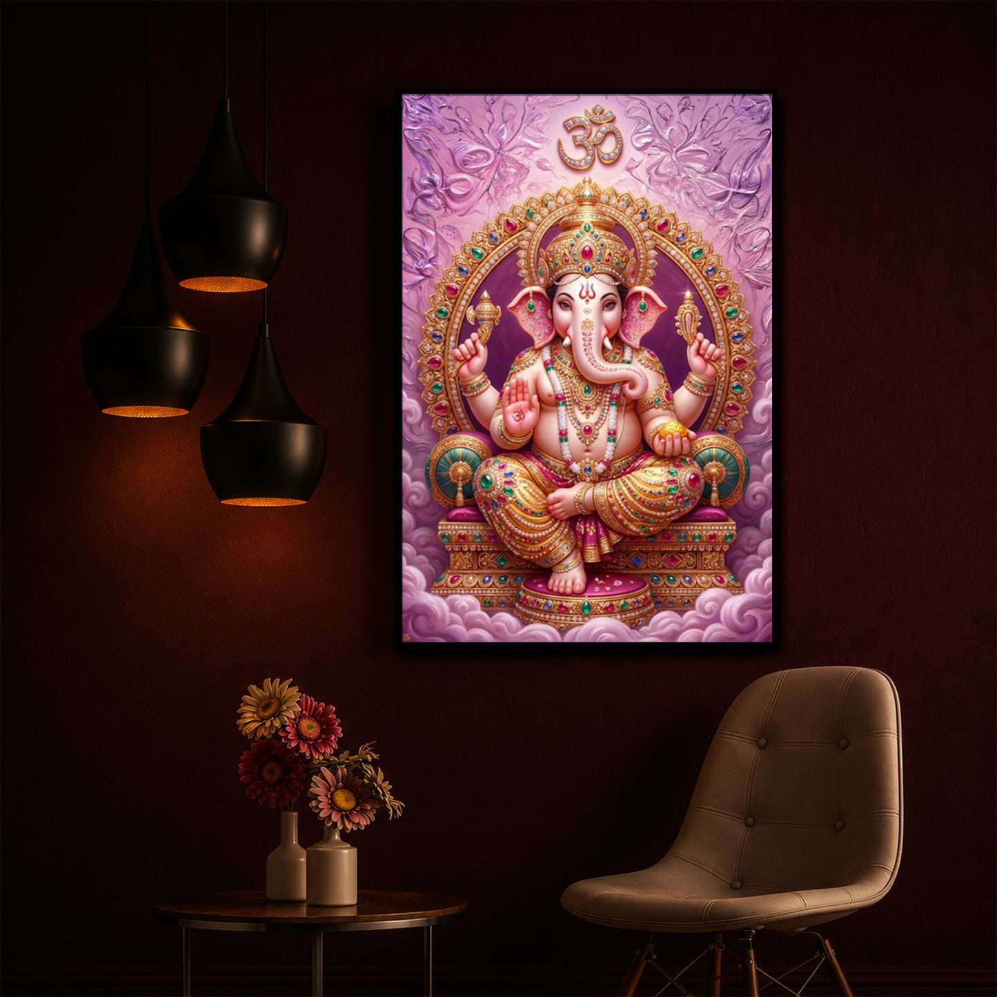 Vakratunda Mahakaya Ganesh Ji Modern Luxury Backlight Vertical Wall Art