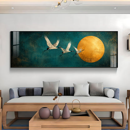 Three Cranes Golden Sun Teal Premium Acrylic Horizontal Wall Art