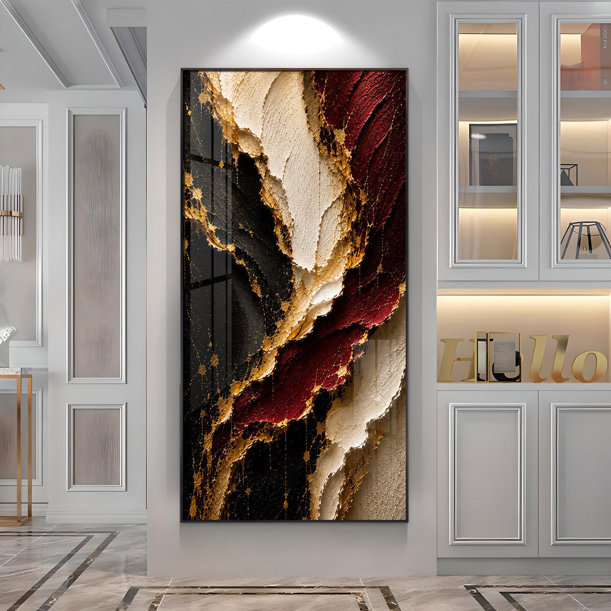 Luxurious Textured Abstract Maroon Black & Gold Premium Acrylic Vertical Wall Art