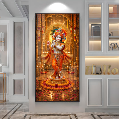 Divine Lord Krishna Playing Flute Premium Acrylic Vertical Wall Art