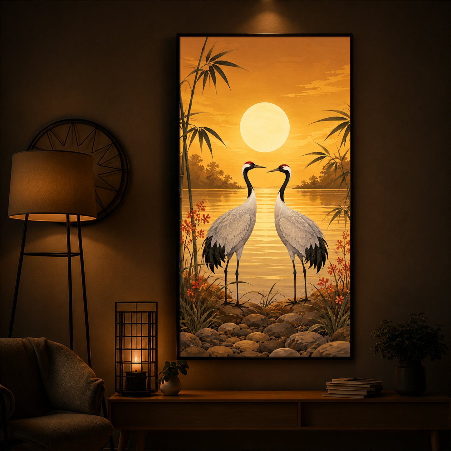 Sunset Crane Pair Modern Luxury Backlight Vertical Wall Art