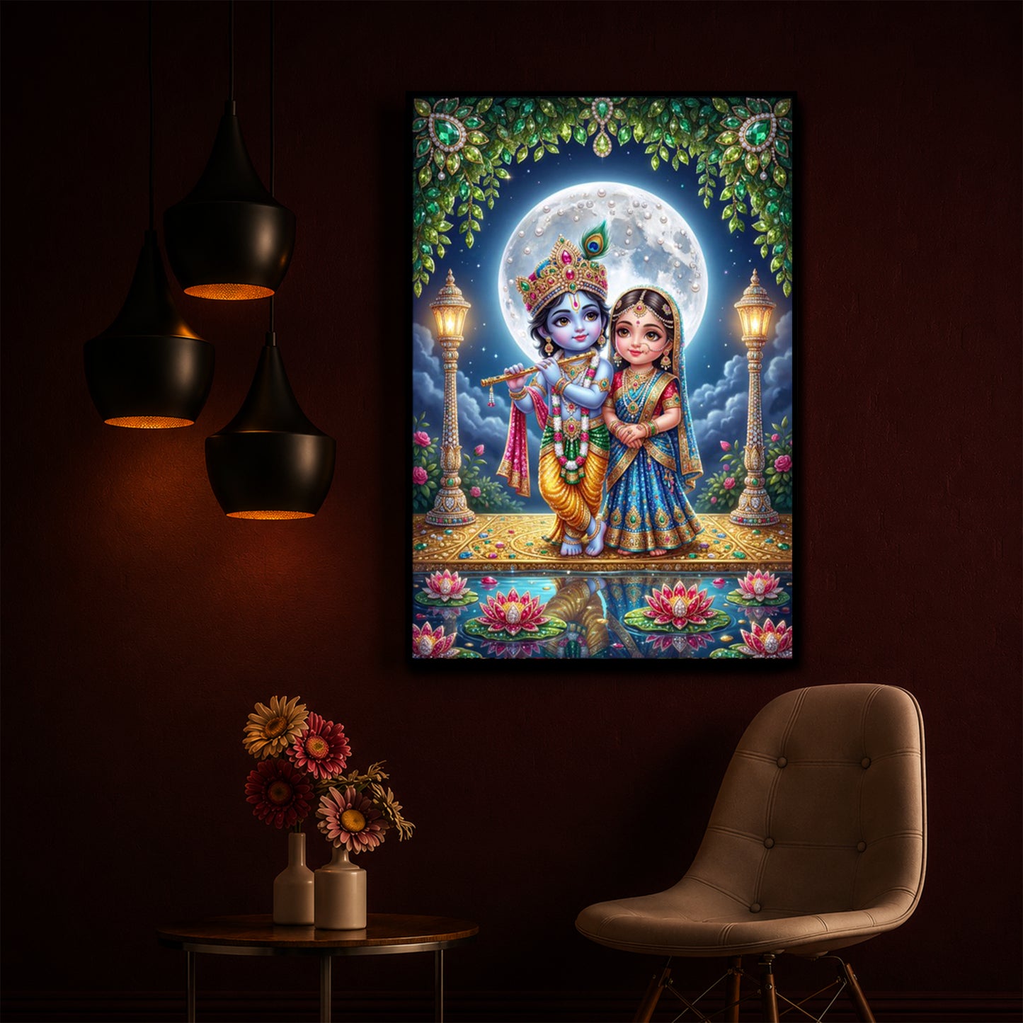 Little Radha Krishna Modern Luxury Backlight Vertical Wall Art
