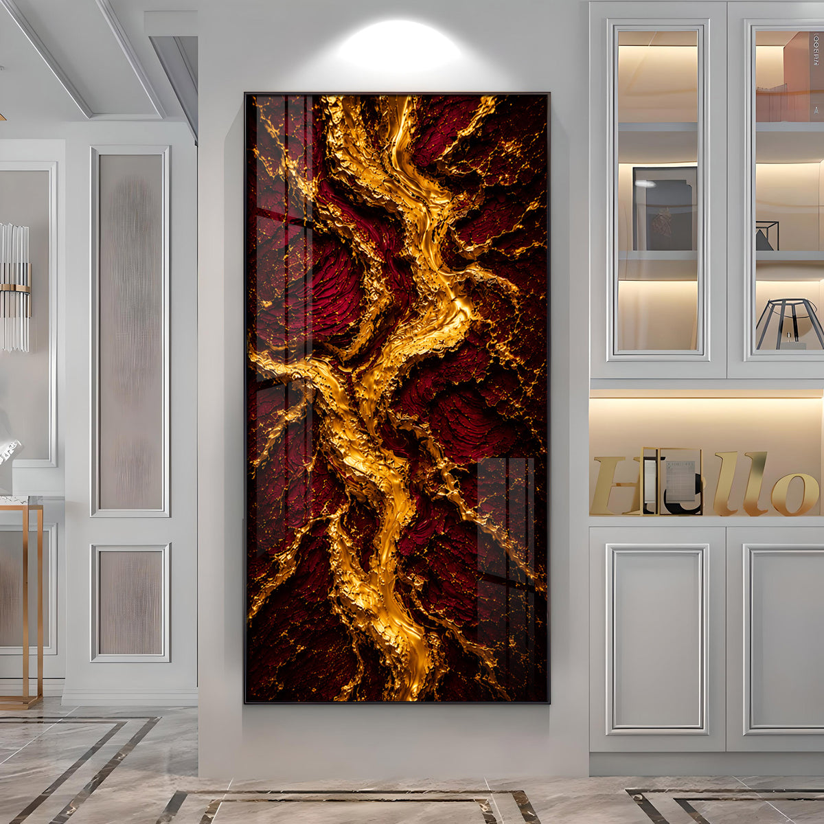 Striking Crimson & Gold Flowing River Premium Acrylic Vertical Wall Art