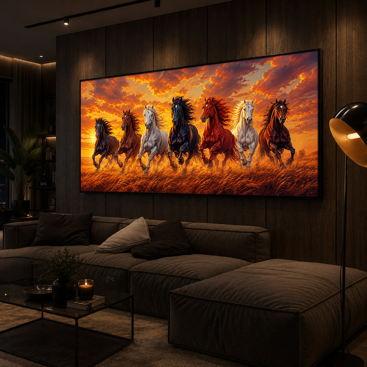 7 Running Horses With Sunset Modern Luxury Backlight Horizontal Wall Art