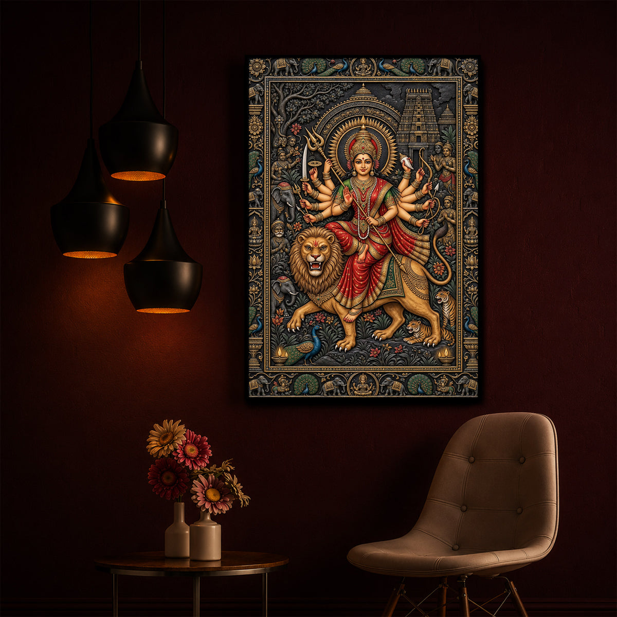 Placid Devi Durga Modern Luxury Backlight Vertical Wall Art