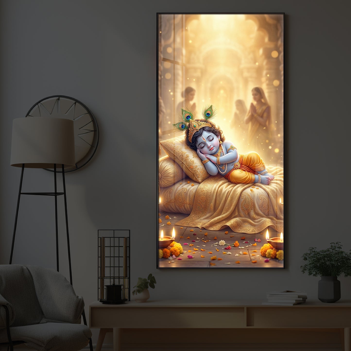 Sleeping Little Krishna Ji Modern Luxury Backlight Vertical Wall Art