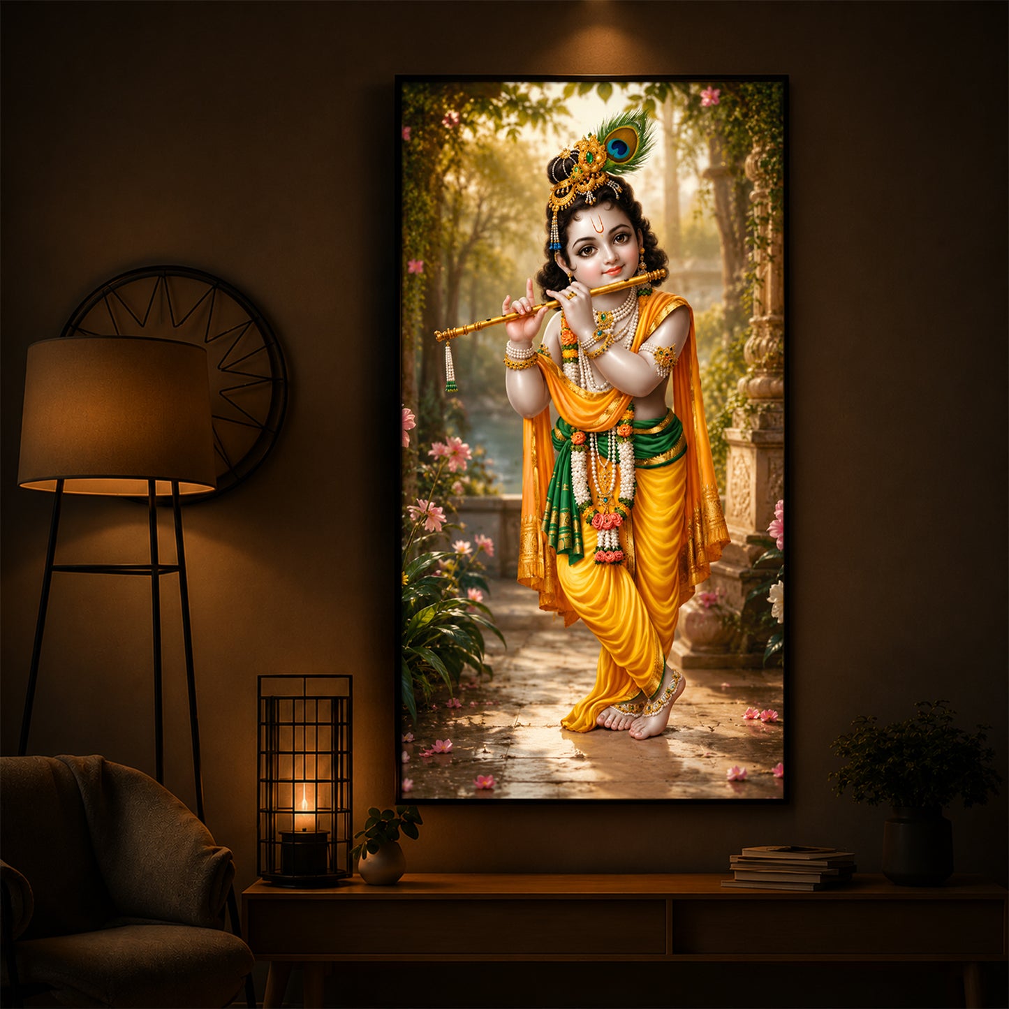 Bal Krishna Playing The Flute Modern Luxury Backlight Vertical Wall Art
