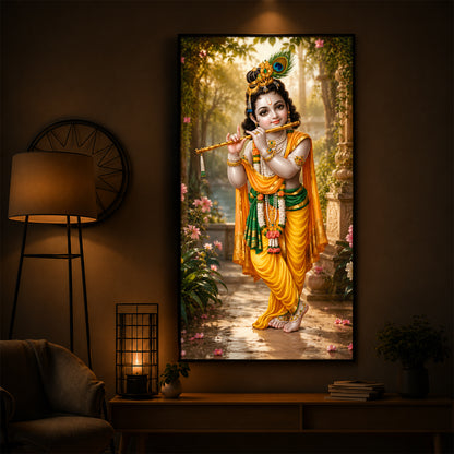 Bal Krishna Playing The Flute Modern Luxury Backlight Vertical Wall Art
